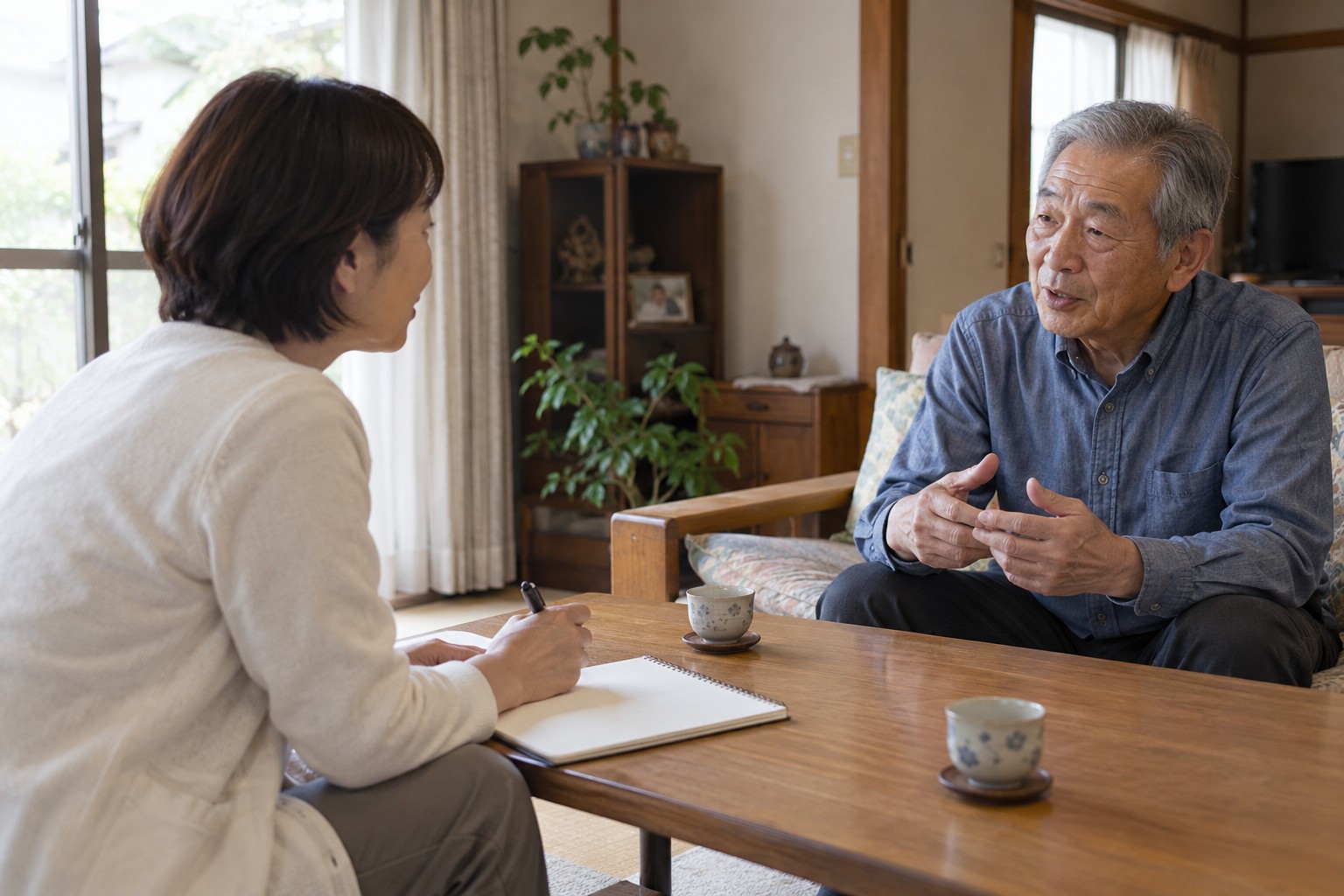 相談員が本人のお話を聞きながらメモを取るイメージ